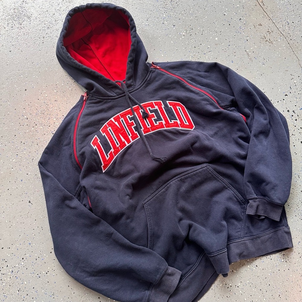 Linfield Hoodie Mens Size M Navy Red Vintage Collegiate Side Zip School Spirit - Picture 2 of 7